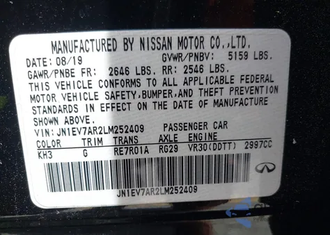 2020 Infiniti Q50 Luxe Awd from USA, damaged, VIN JN1EV7AR2LM252409